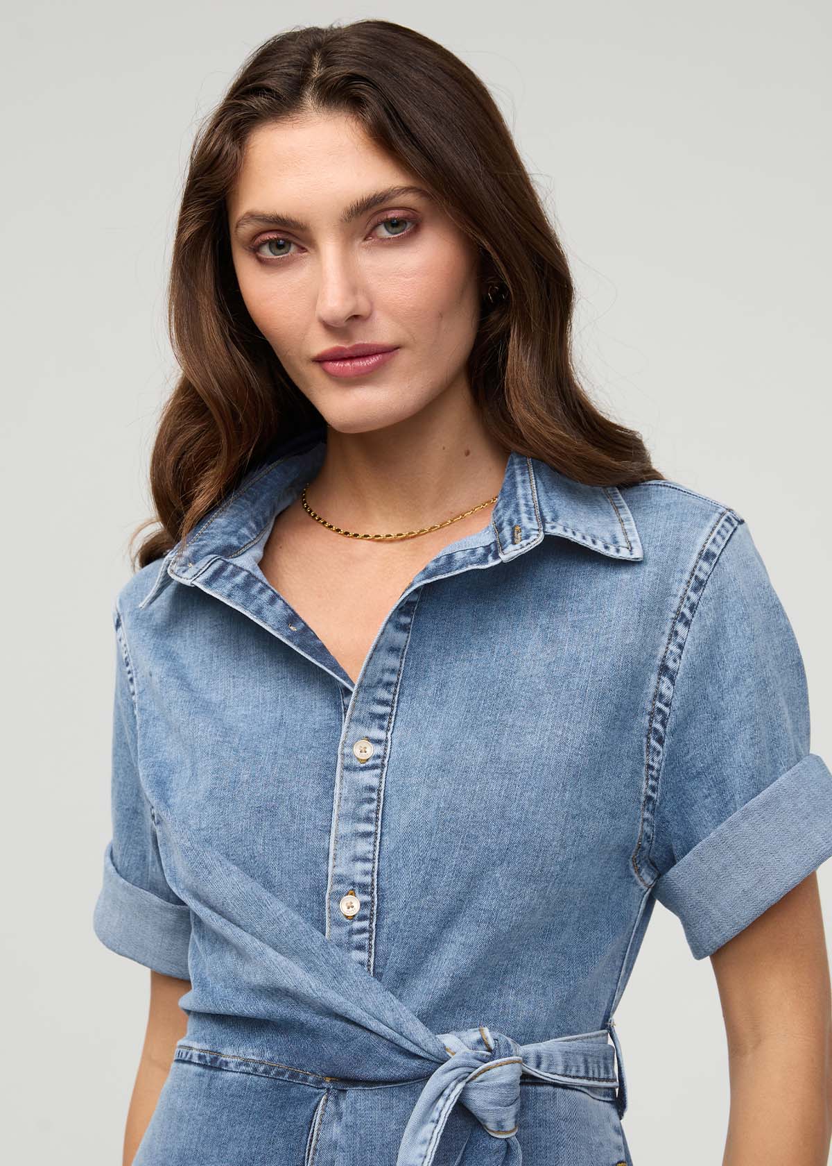 Performance Denim Lite Wrap Shirt Dress - Light Stone - Image 5