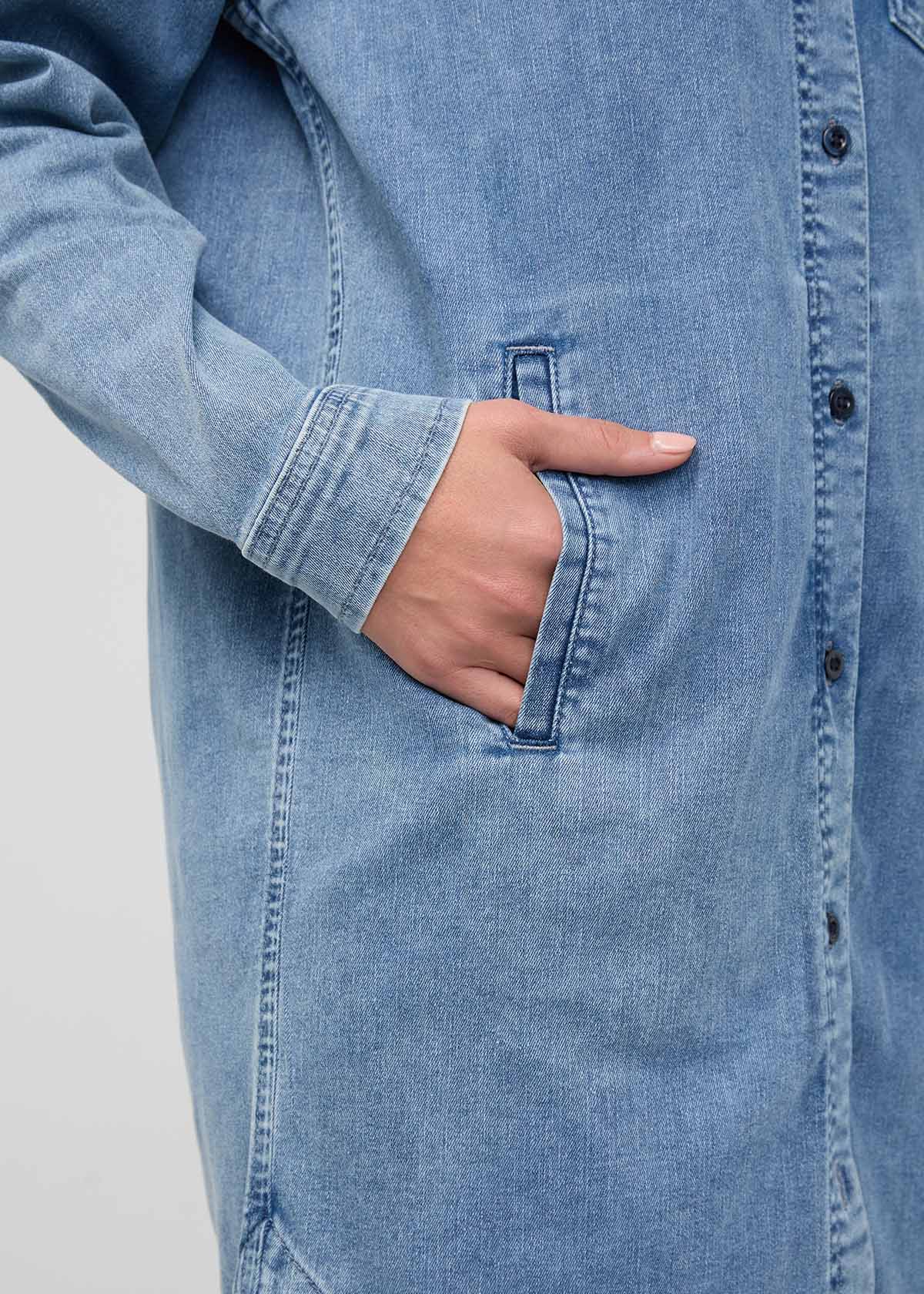 Performance Denim Lite Shirt Dress - Washed Indigo - Image 5
